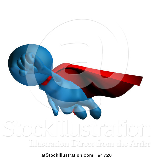 Illustration of a 3d Blue Superhero Flying with His Fist Held out