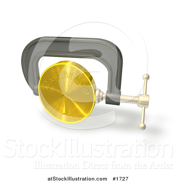 Illustration of a 3d Clamp Vice Squeezing a Gold Coin, Credit Crunge