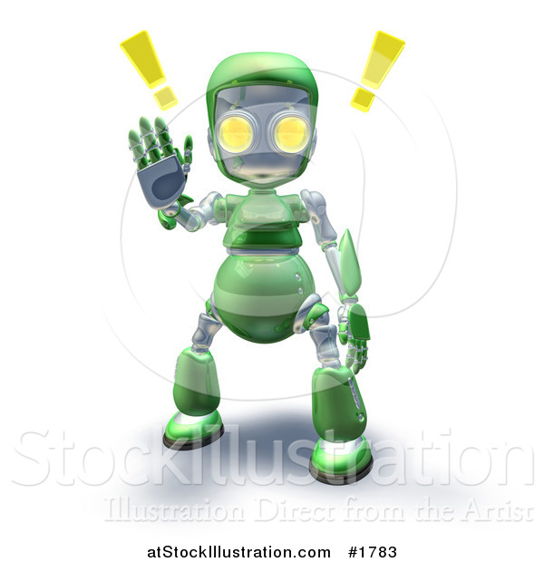 Illustration of a 3d Green Robot Character Holding a Hand up to Stop