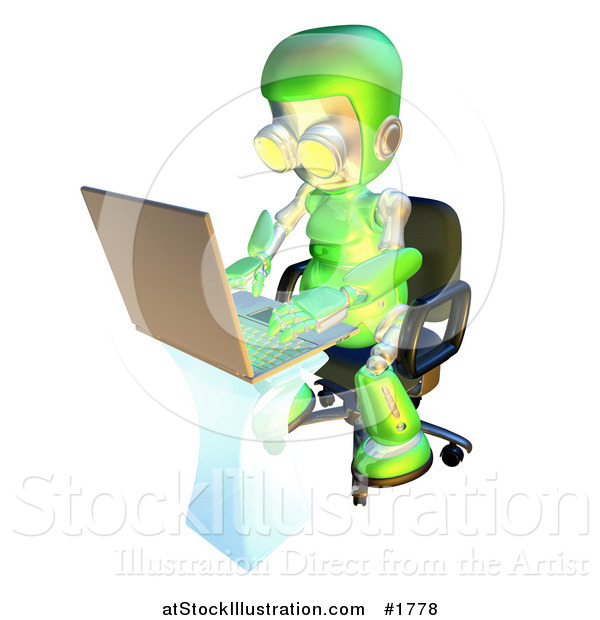 Illustration of a 3d Green Robot Character Using a Laptop at a Desk