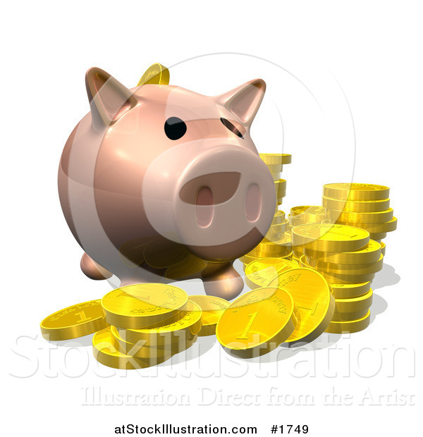 Illustration of a 3d Pig Bank with Golden Goins