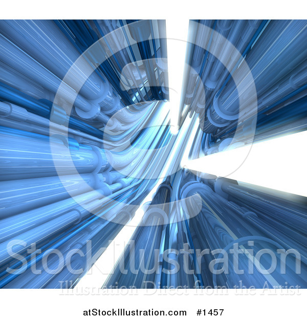 Illustration of a Background of Blue Pipes and Bright White Lights in a Tunnel