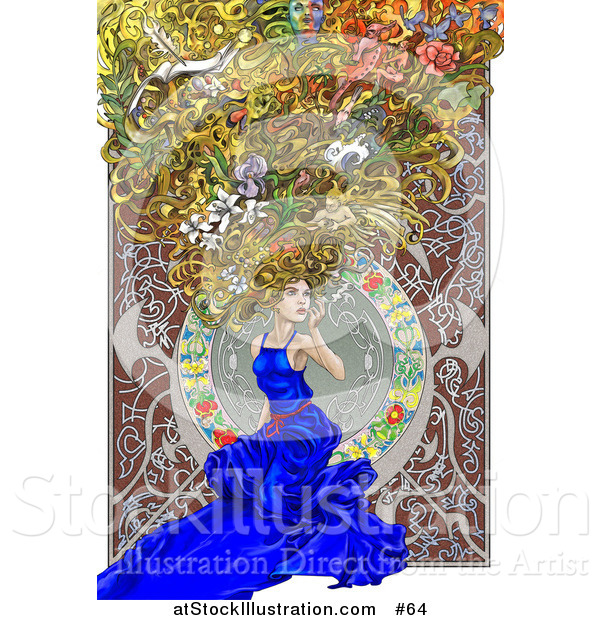 Illustration of a Beautiful Woman Kneeling in a Blue Dress, with Scenes and Things in Her Big Hair, Alfons Maria Mucha Inspired