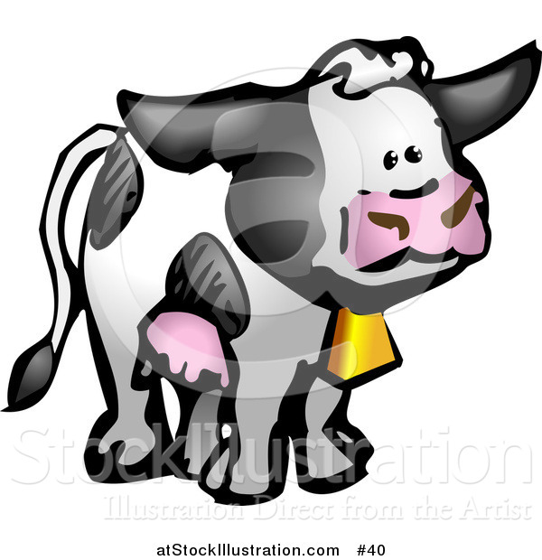 Illustration of a Black and White Cow with Udders and a Gold Cow Bell