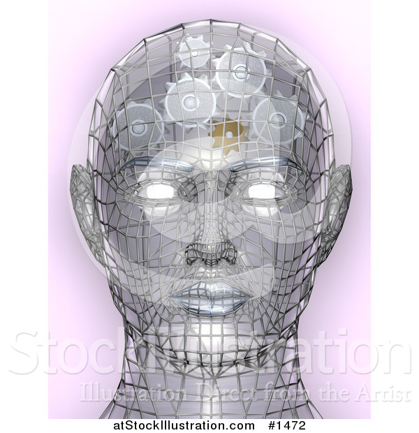 Illustration of a Chrome Wire Head with Glowing Eyes and Gears Working in the Brain, Symbolizing Creativity Artificial Intelligence, and Knowledge