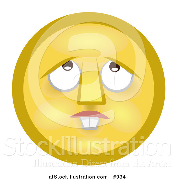 Illustration of a Confused Yellow Smiley Face with Buck Teeth, Lost in Thought, Looking Upwards