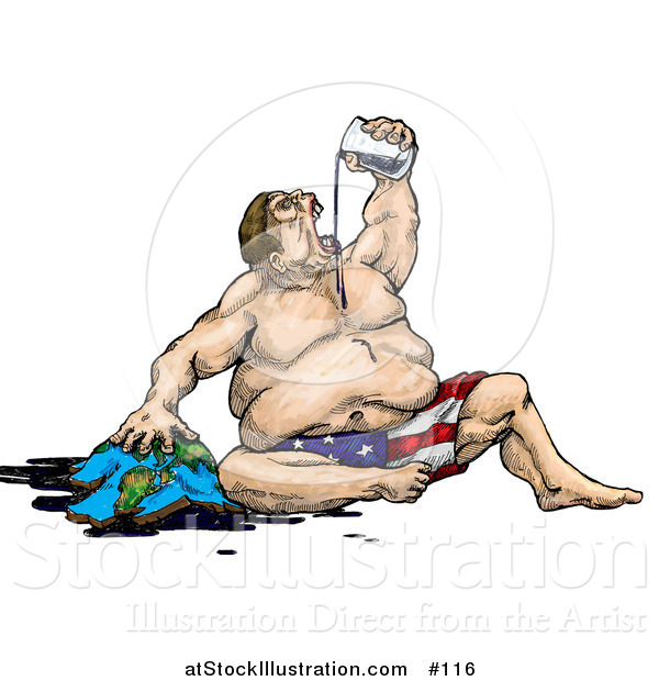 Illustration of a Fat, Greedy, American Man Gulping Oil While Destroying Earth - Environmental Concept