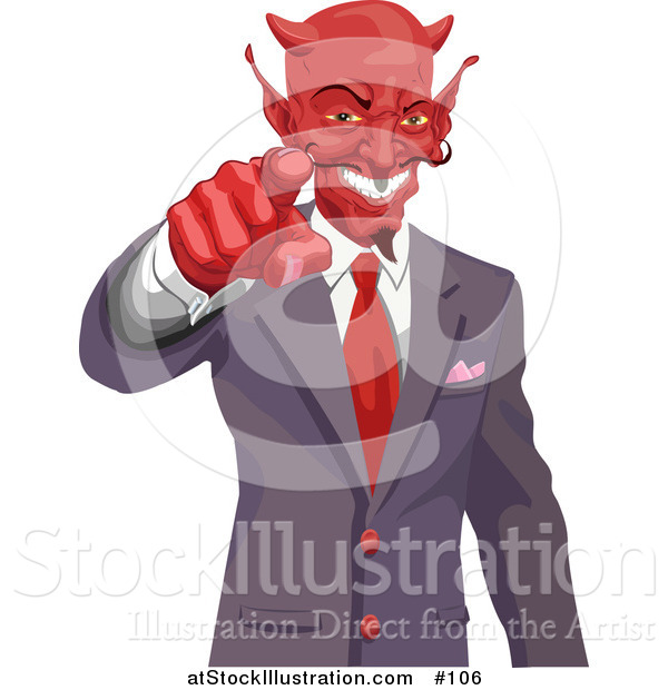 Illustration of a Greedy Devil Pointing While Wearing a Business Suit and Grinning