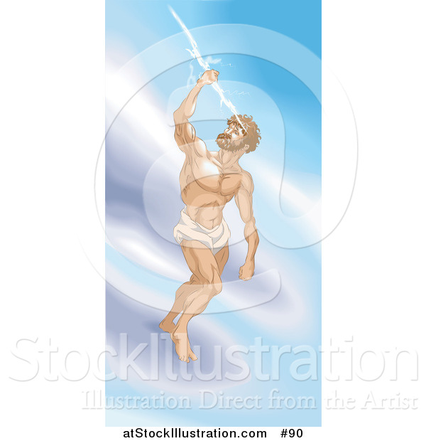 Illustration of a Greek God, Zeus, Standing on a Cloud and Grasping a Thunderbolt