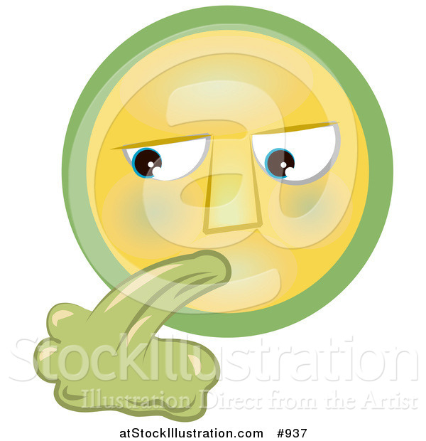 Illustration of a Grossed out Yellow and Green Smiley Face Puking Green Vomit