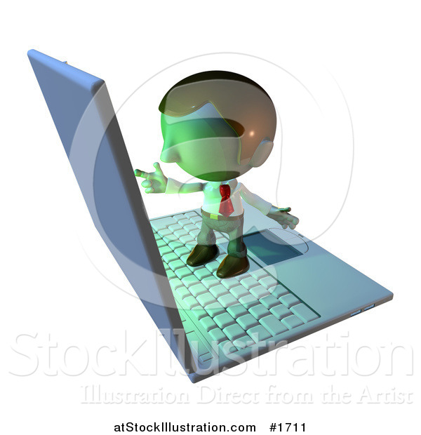 Illustration of a Pete Man Character Standing on a Laptop and Pointing at the Screen