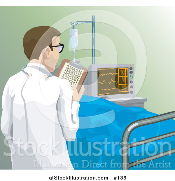 Illustration of a Rear View of a Male Doctor Checking in on a Patient in a Hospital