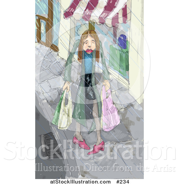 Illustration of a Sad Woman Carrying Shopping Bags in Pouring Rain