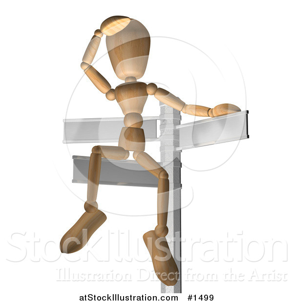 Illustration of a Wooden Figure Seated on a Sign Post, Looking out into the Distance, Symbolizing Opportunity and Options