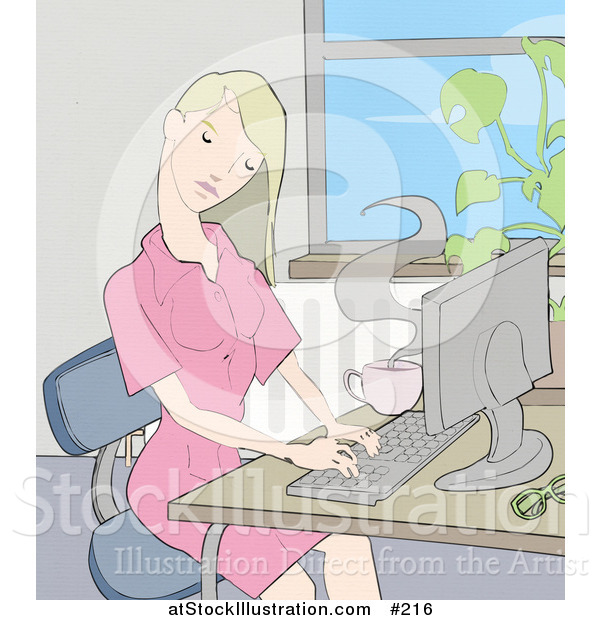 Illustration of a Young Blond Woman Working on a Computer at a Desk in an Office