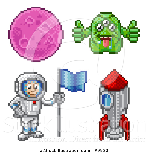 Illustration of Retro 8 Bit Pixel Art Video Game Styled Astronaut, Rocket, Alien and Planet