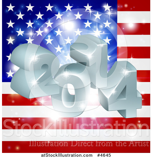 Vector Illustration of 3d 2014 and Fireworks over an American Flag