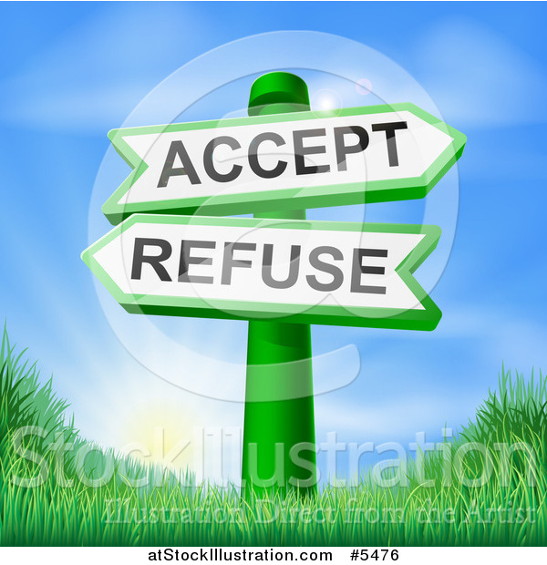 Vector Illustration of 3d Accept or Refuse Arrow Signs over Hills and a Sunrise