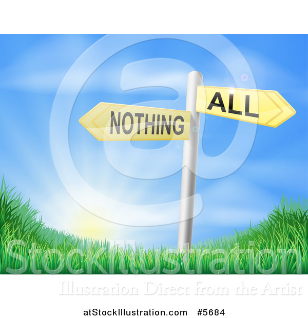 Vector Illustration of 3d All or Nothing Signs over Hills and a Sunrise