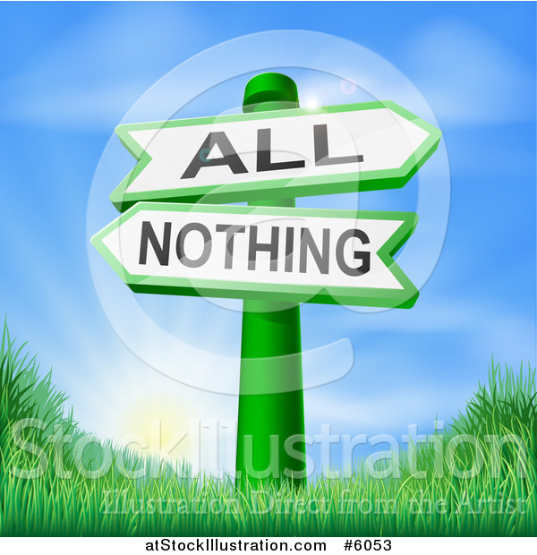 Vector Illustration of 3d All or Nothing Signs over Hills and a Sunrise