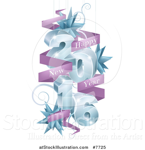 Vector Illustration of 3d Blue 2016 with Suspended Swirls, Stars and Purple Happy New Year Banners
