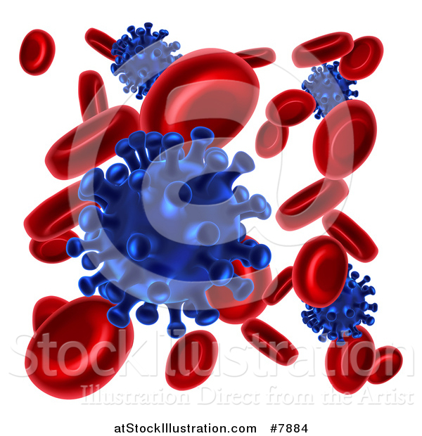 Vector Illustration of 3d Blue Viruses Attacking Red Blood Cells