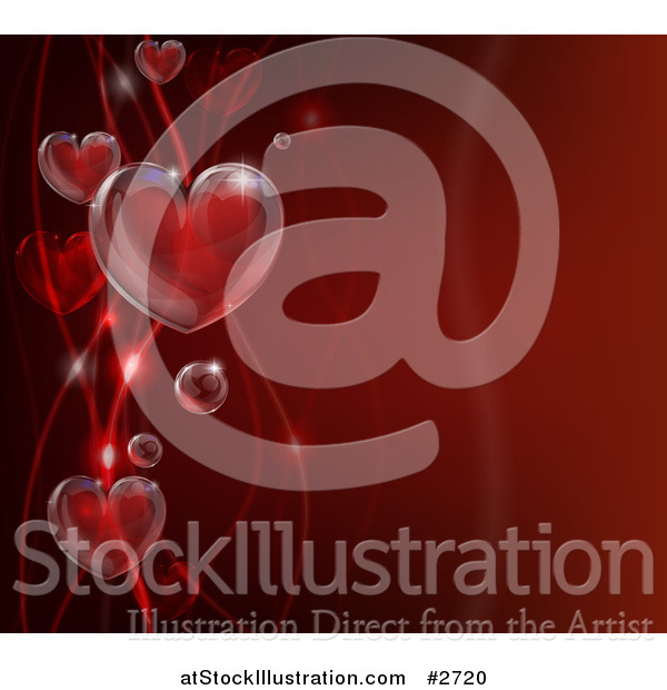 Vector Illustration of 3d Bubble Hearts and Waves on Red