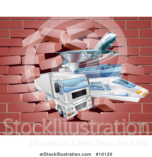 Vector Illustration of 3d Cargo Logistics Modes, Trains, Planes Big Rig Trucks, and Ships Breaking Through a Brick Wall