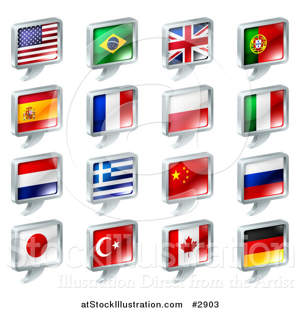 Vector Illustration of 3d Chat Balloon Flag Icons with Chrome Edges