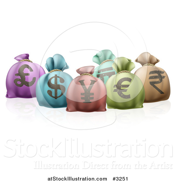 Vector Illustration of 3d Colorful Money Sacks with Currency Symbols