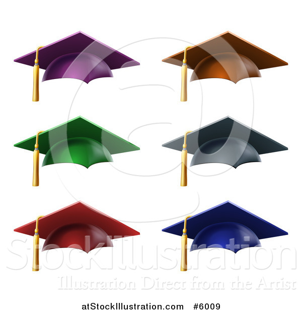 Vector Illustration of 3d Colorful Mortar Board Graduation Caps and Tassels