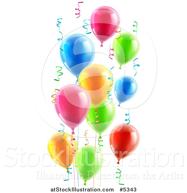 Vector Illustration of 3d Colorful Party Balloons and Confetti Ribbons