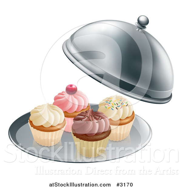 Vector Illustration of 3d Cupcakes on a Platter Under a Cloche