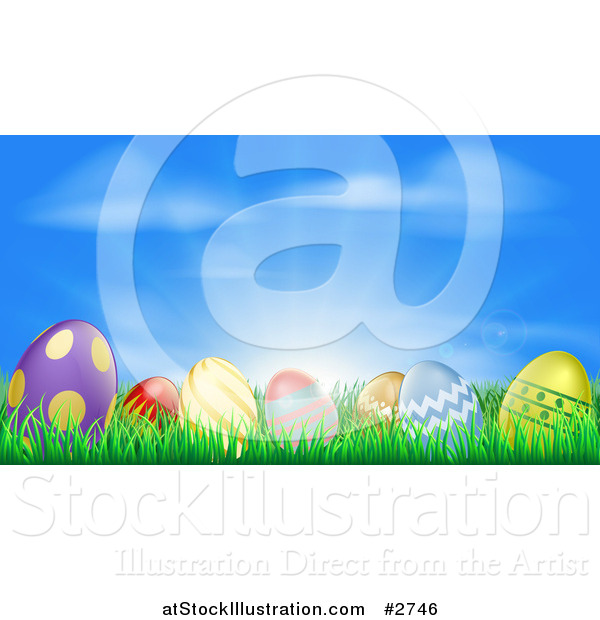 Vector Illustration of 3d Easter Eggs Set in Grass Under a Blue Sky with Sunshine