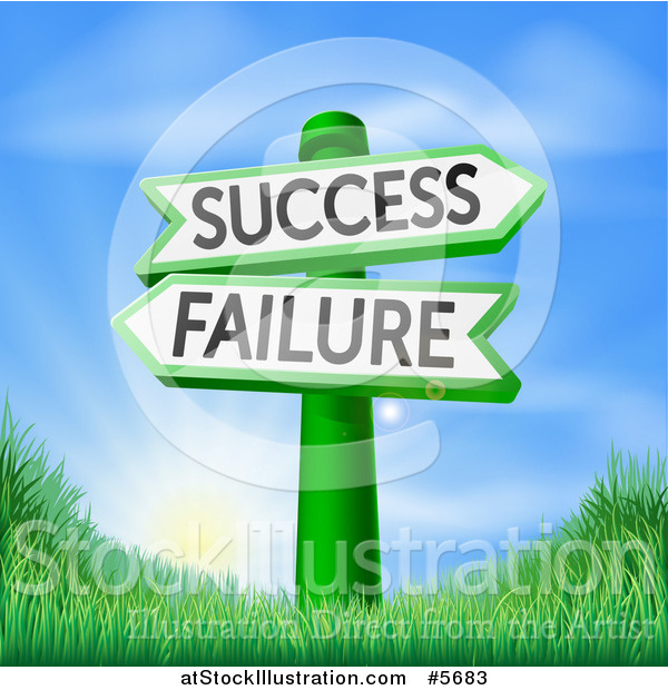 Vector Illustration of 3d Failure or Success Signs over Hills and a Sunrise