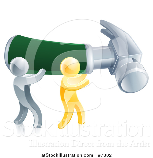 Vector Illustration of 3d Gold and Silver Men Carrying a Giant Green Handled Hammer to the Right