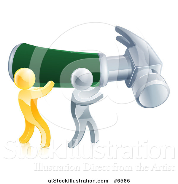 Vector Illustration of 3d Gold and Silver Men Carrying a Giant Hammer