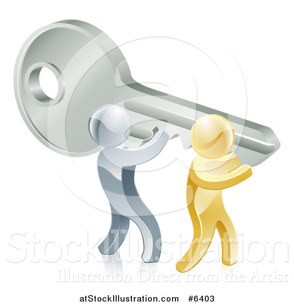 Vector Illustration of 3d Gold and Silver Men Carrying a Giant Key