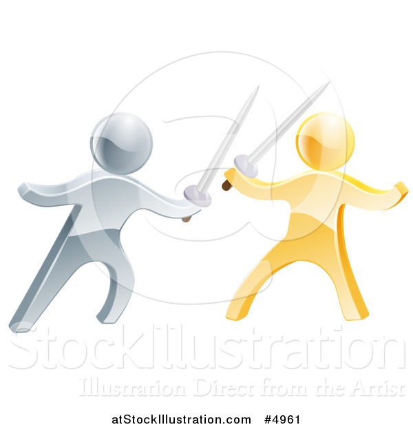 Vector Illustration of 3d Gold and Silver Men Sword Fighting