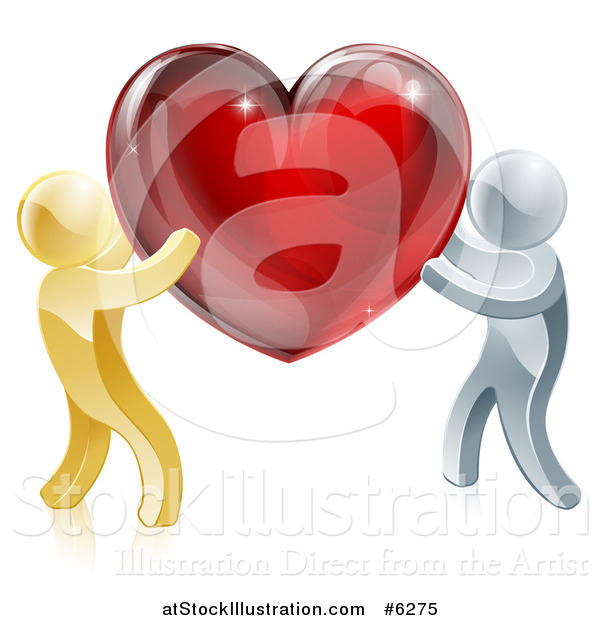 Vector Illustration of 3d Gold and Silver People Carrying a Red Heart