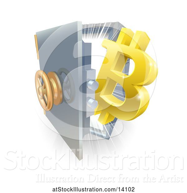 Vector Illustration of 3d Gold Bitcoin Currency Symbol and Light Emerging from a Safe Vault