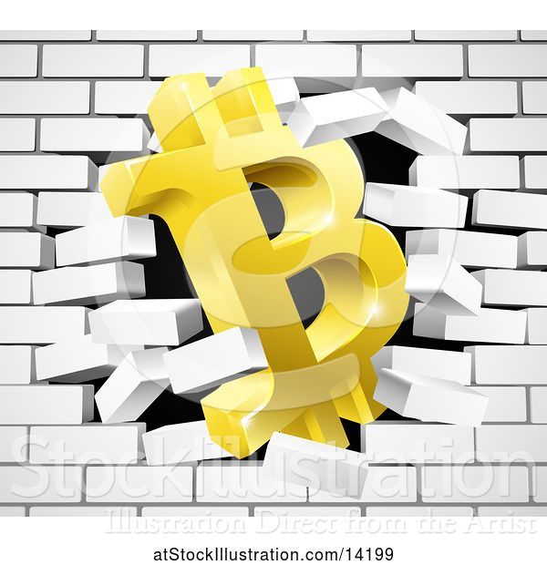 Vector Illustration of 3d Gold Bitcoin Currency Symbol Breaking Through a White Brick Wall