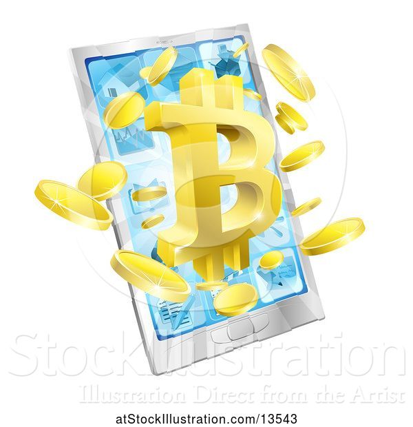 Vector Illustration of 3d Gold Bitcoin Currency Symbol Bursting from a Cell Phone Screen