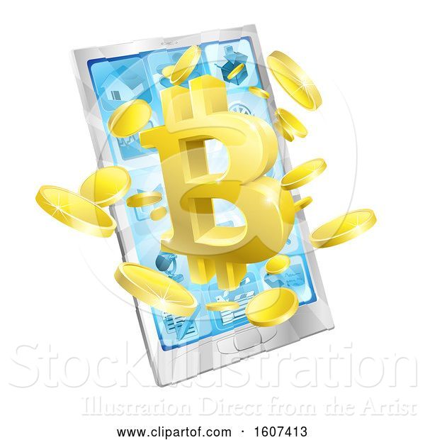 Vector Illustration of 3d Gold Bitcoin Currency Symbol Bursting from a Smart Phone Screen