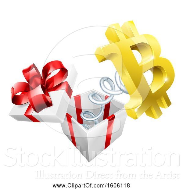 Vector Illustration of 3d Gold Bitcoin Currency Symbol Popping out of a Gift Box