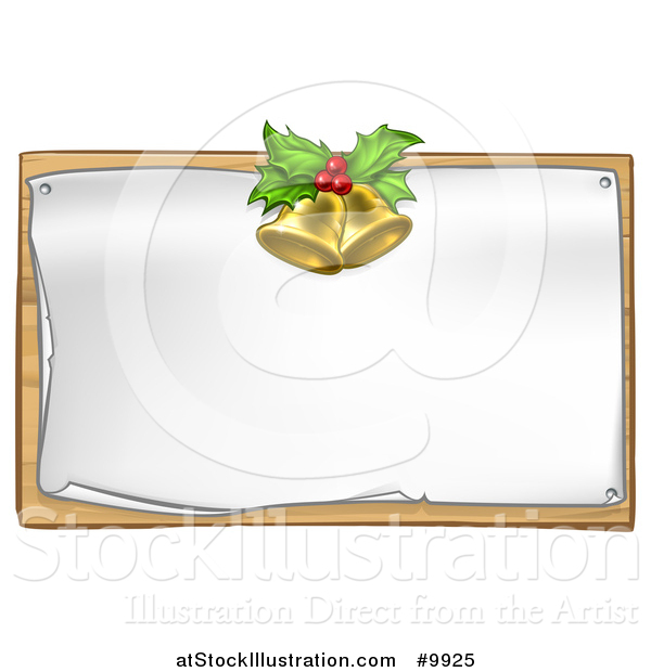 Vector Illustration of 3d Gold Christmas Bells Holly and Berries over a Blank Sign