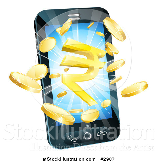 Vector Illustration of 3d Gold Coins and Rupee Symbol Bursting from a Cell Phone