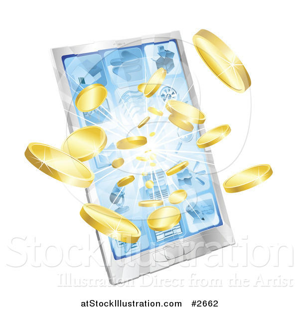 Vector Illustration of 3d Gold Coins Bursting from a Silver Smart Phone