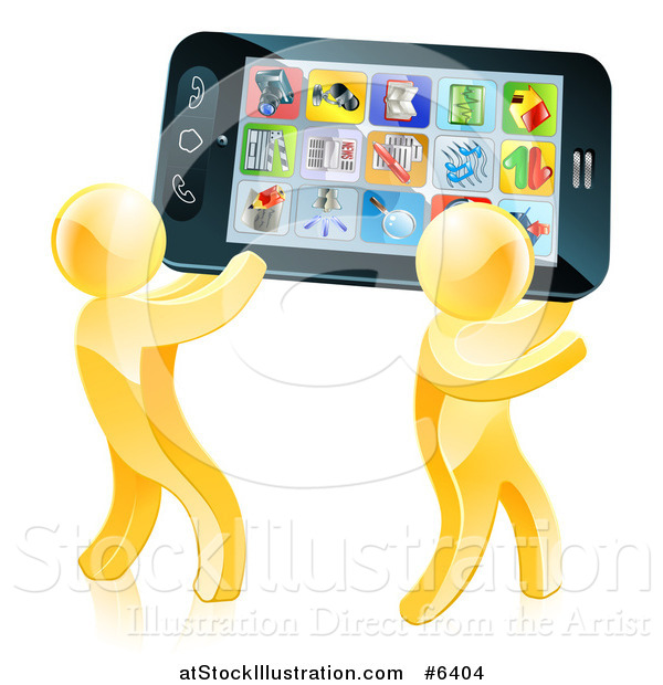 Vector Illustration of 3d Gold Men Carrying a Giant Smart Cell Phone with App Icons on the Screen