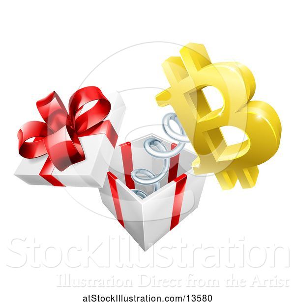 Vector Illustration of 3d Golden Bitcoin Currency Symbol Popping out of a Gift Box